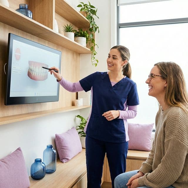 Dr. Fatima collaborating with a patient on a digital smile mockup in a high-end consultation room