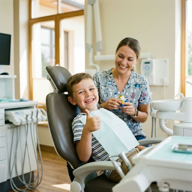 Young boy giving thumbs up after a gentle dental exam and cleaning at Innova Smiles in Marlborough, MA