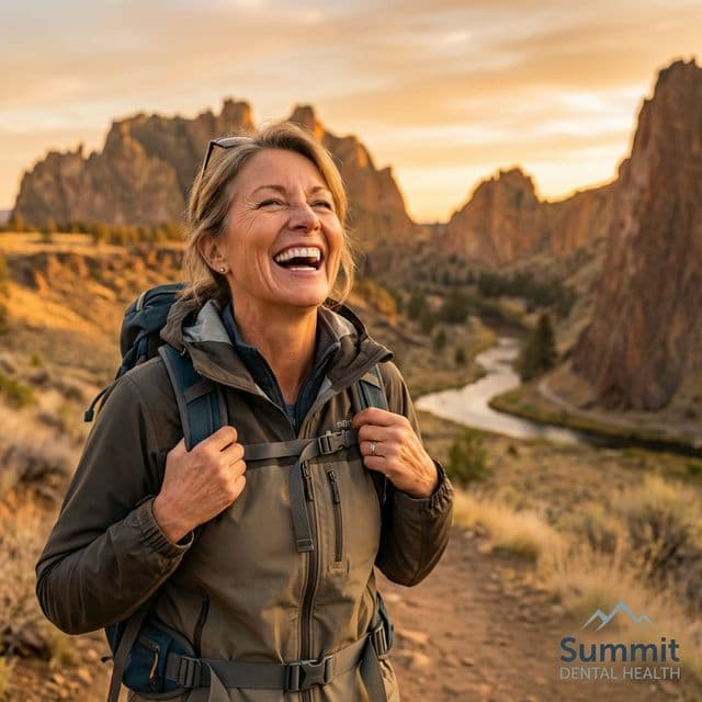 Active woman hiking outdoors with a confident smile after dental implants in Marlborough, MA
