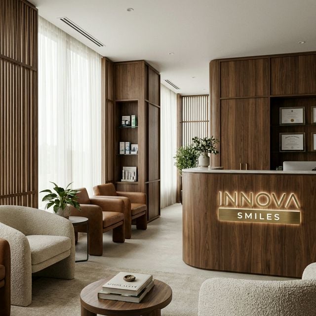 Luxury, professional dental lobby at Innova Smiles showing warm wood accents and minimalist design