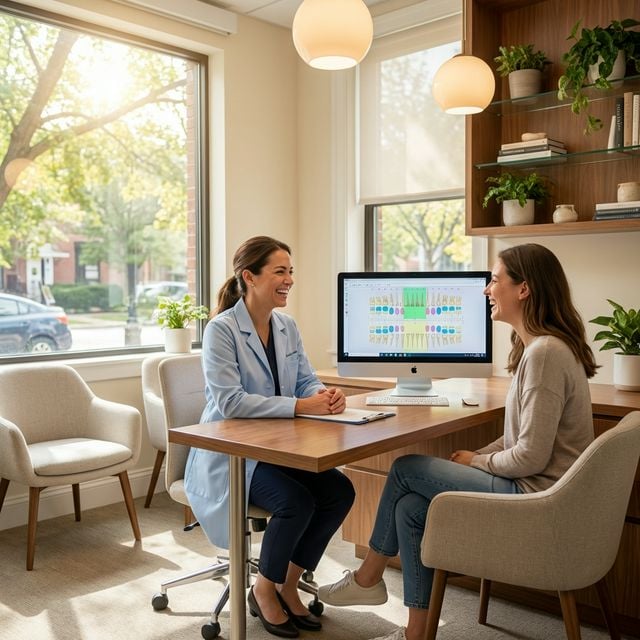 Warm, professional consultation at Innova Smiles emphasizing authentic human connection and patient education