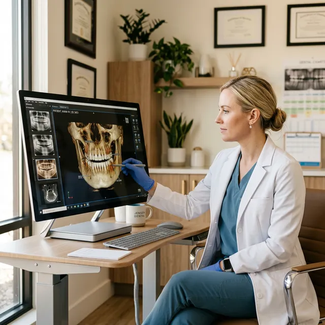 High-resolution digital interface showing a precise 3D dental scan and meticulous treatment planning