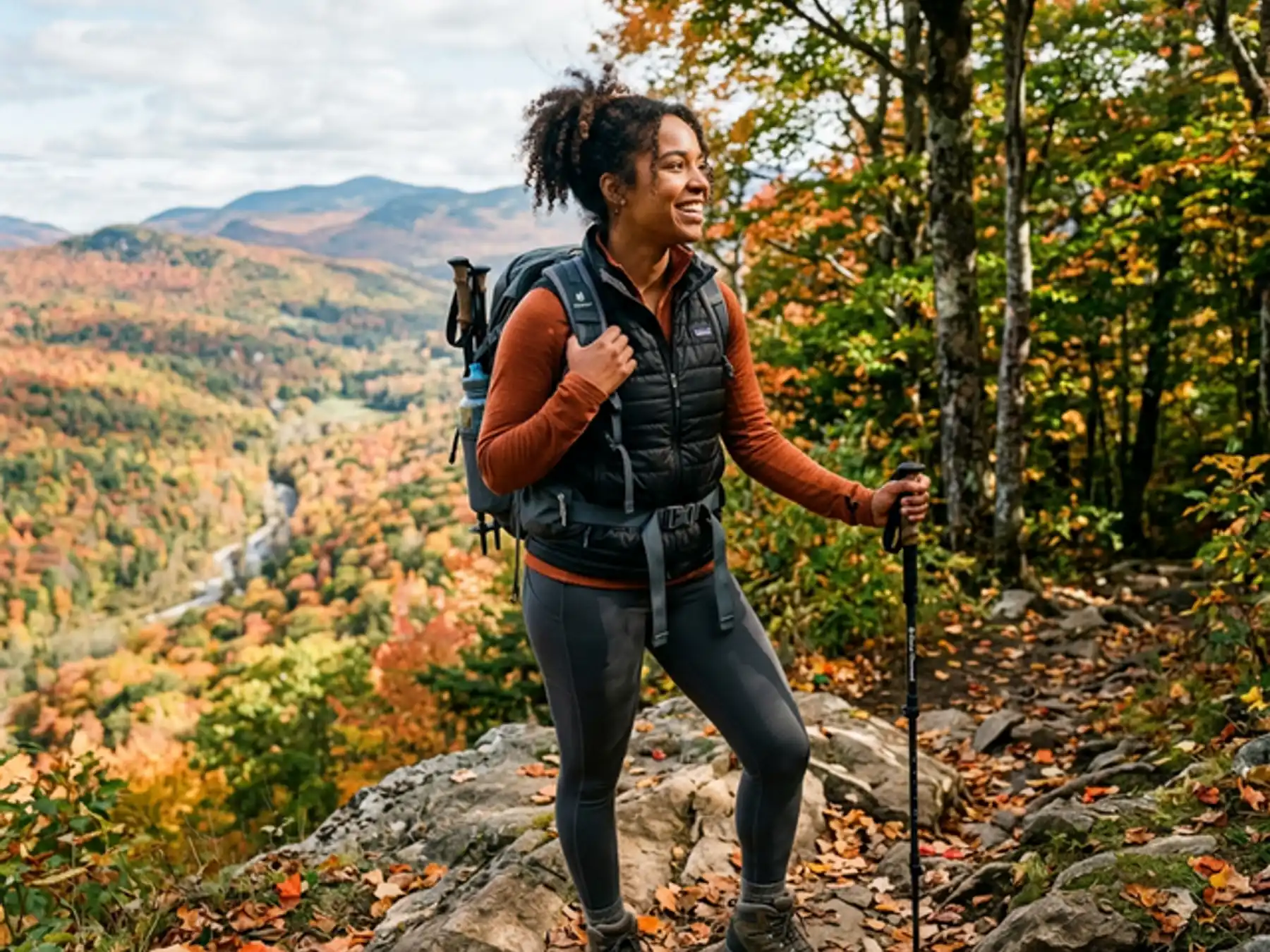 Active woman hiking outdoors with a healthy smile after Spark clear aligner treatment in Marlborough, MA