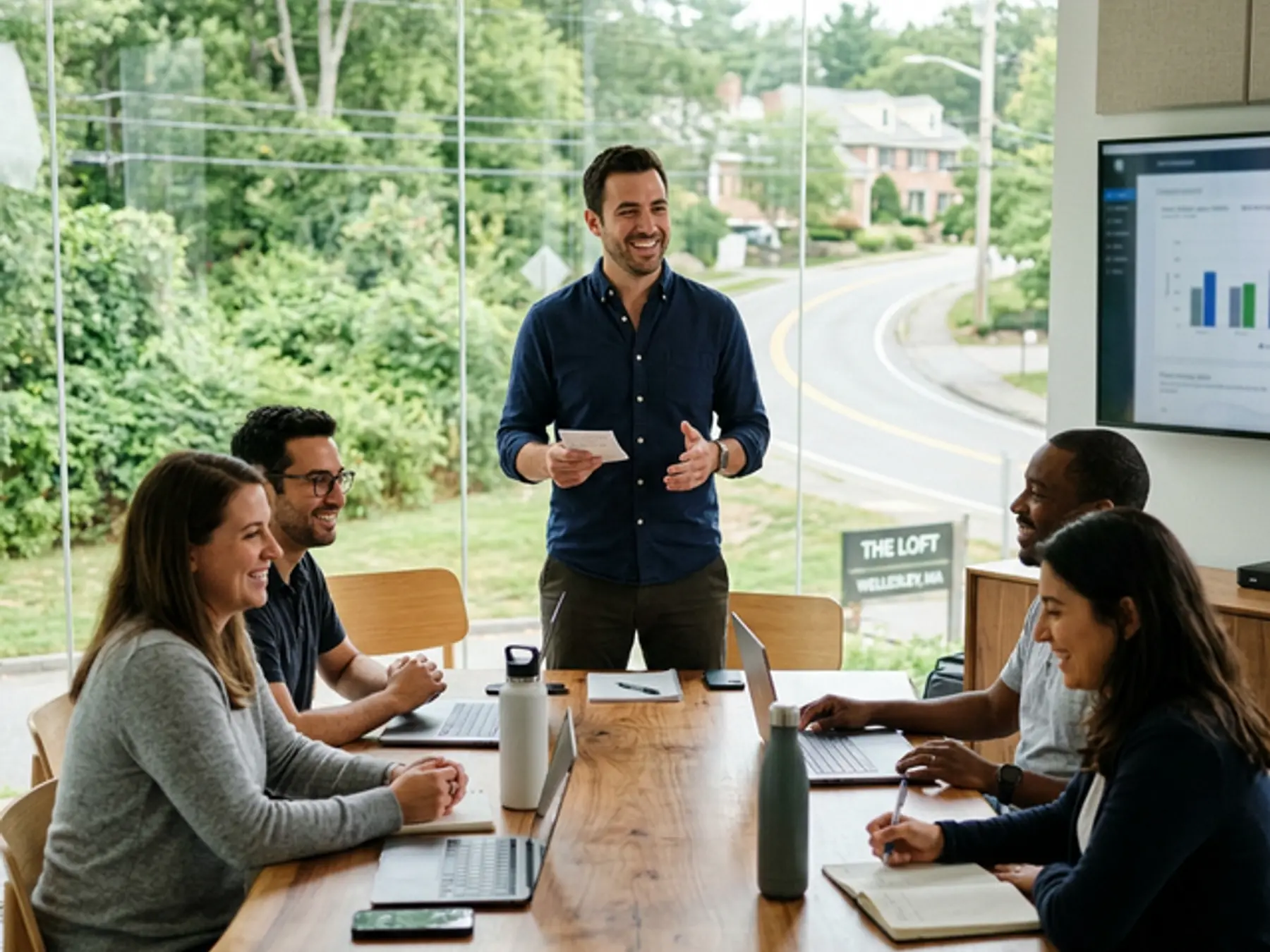 Professional smiling confidently during a business meeting after Spark clear aligners at Innova Smiles in Marlborough, MA