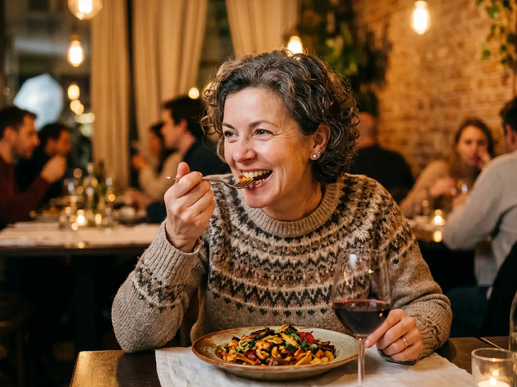 Person enjoying a meal after dental implants and restorations at Innova Smiles in Marlborough, MA