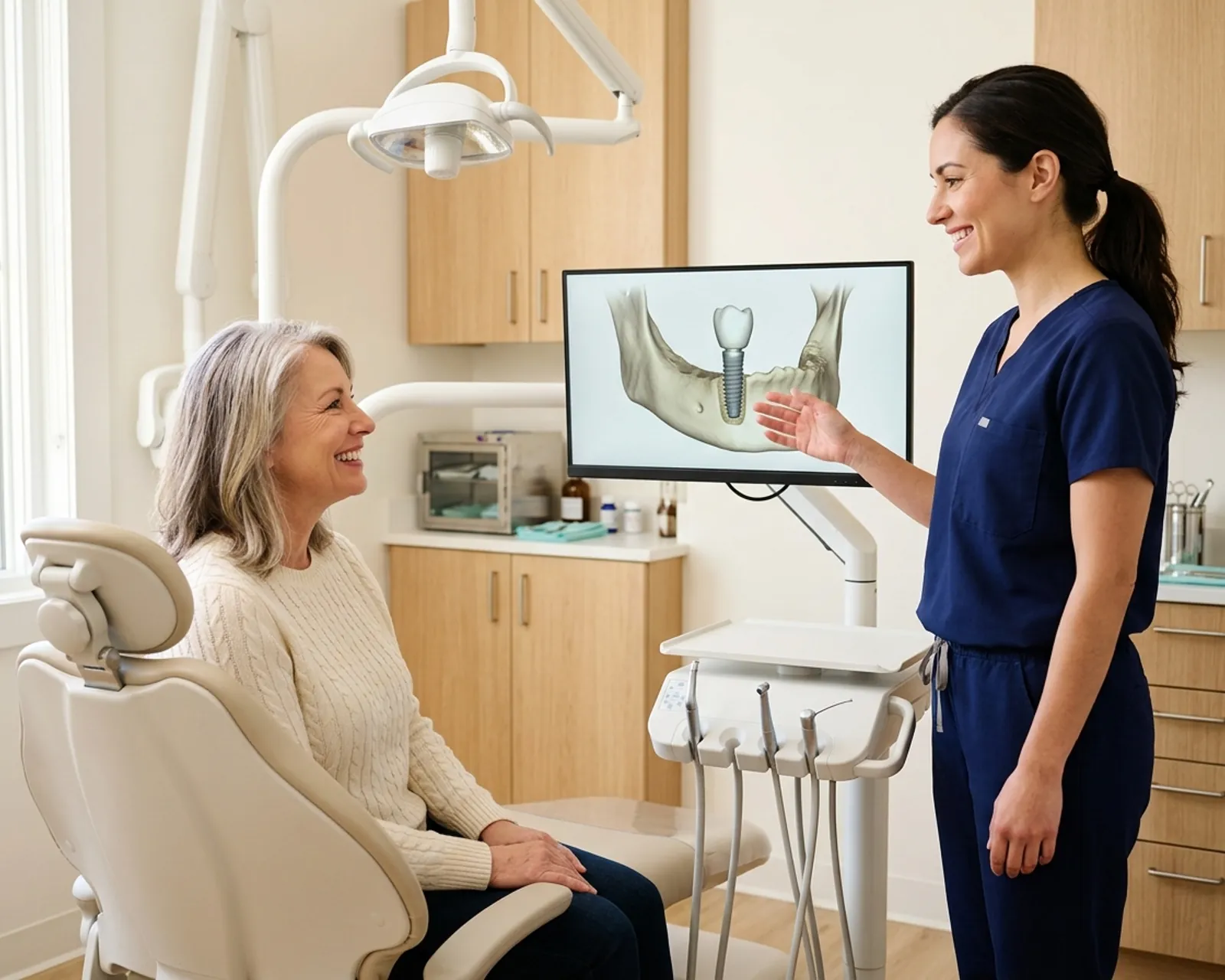 Clinician and a woman reviewing a 3D dental implant image on a chairside monitor