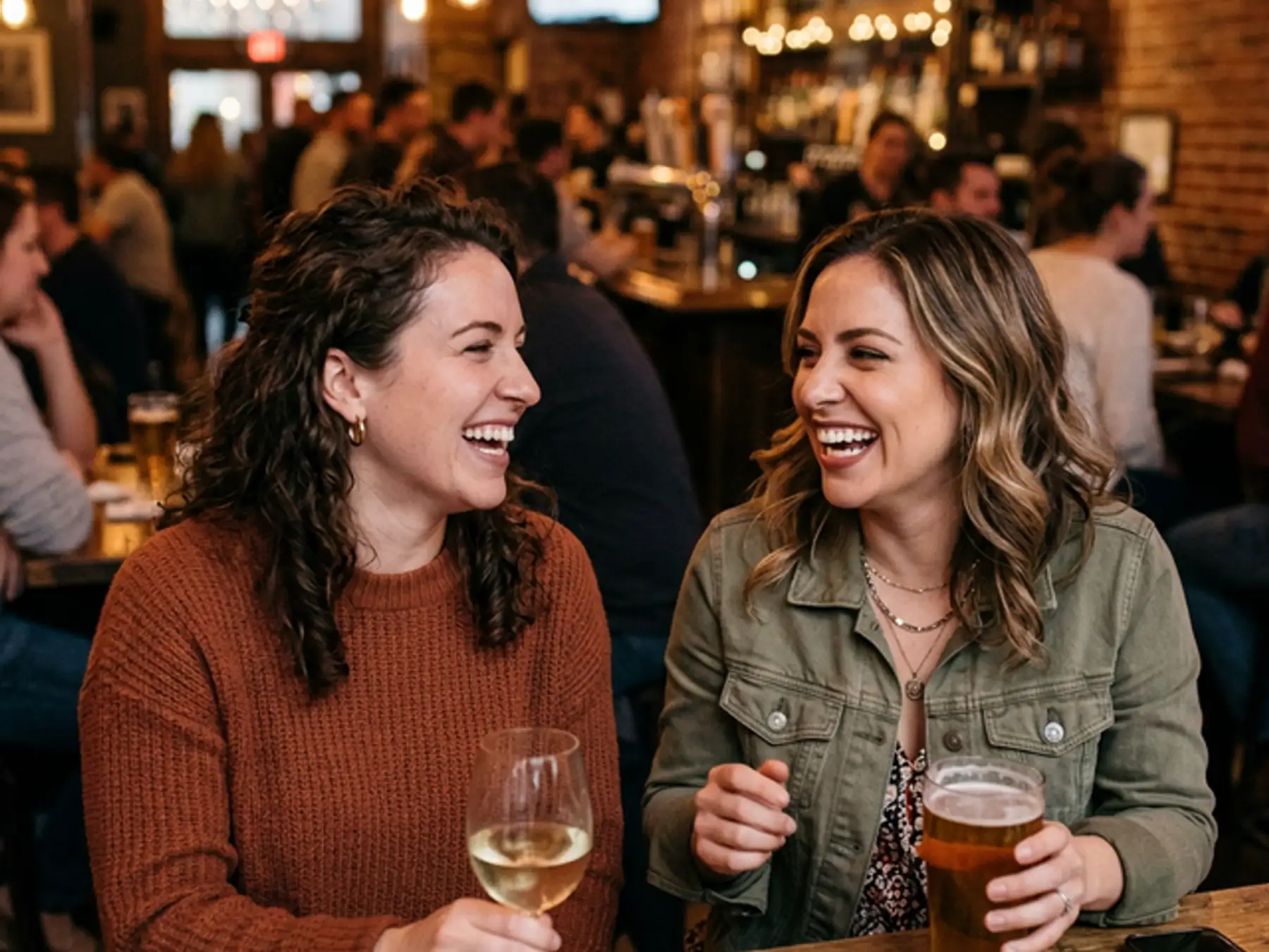 Friends laughing confidently after saving a natural tooth with root canal therapy in Marlborough, MA