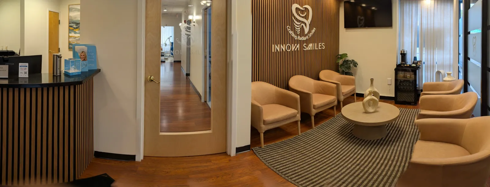 Modern reception area at Innova Smiles dental office in Marlborough, Massachusetts
