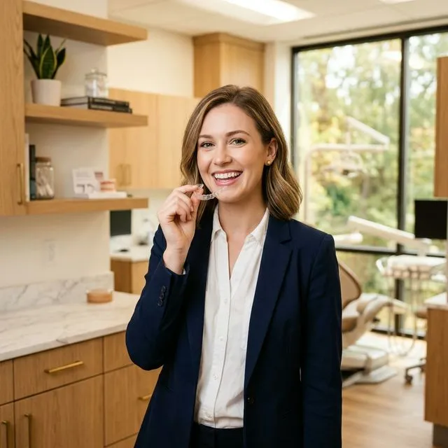 Woman smiling confidently while holding an Invisalign clear aligner at Innova Smiles in Marlborough, MA
