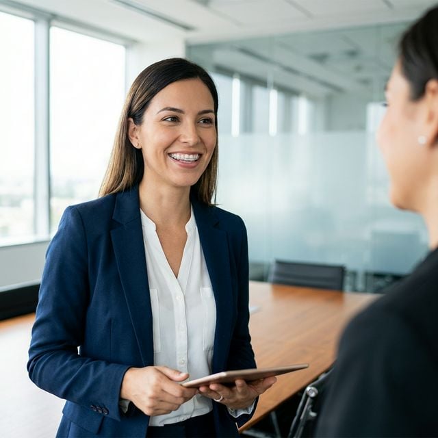 Professional woman smiling confidently with Invisalign clear aligners