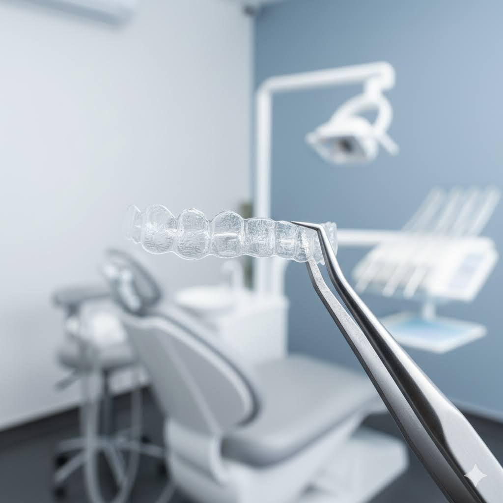 Clear aligner held up to show high clarity and transparency