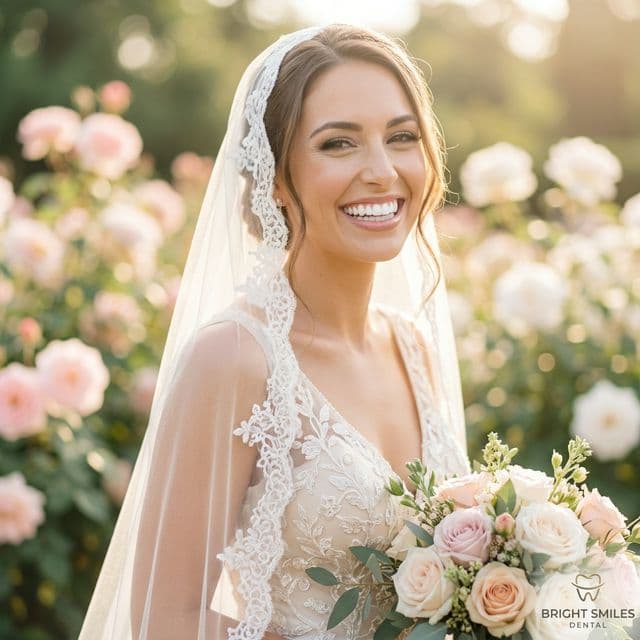 Bride smiling radiantly on her wedding day after professional teeth whitening at Innova Smiles in Marlborough, MA