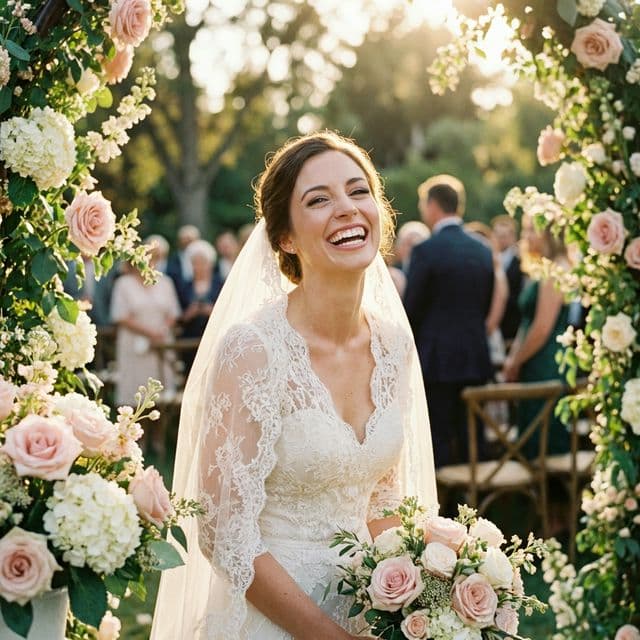 Bride smiling radiantly on her wedding day after porcelain veneers at Innova Smiles in Marlborough, MA